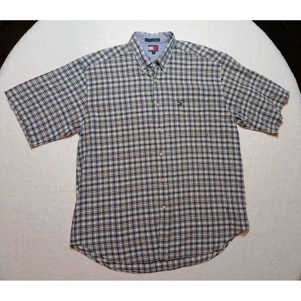 Tommy Hilfiger Button Down Shirt Vintage Mens Plaid XL Short Sleeve Casual Y2K